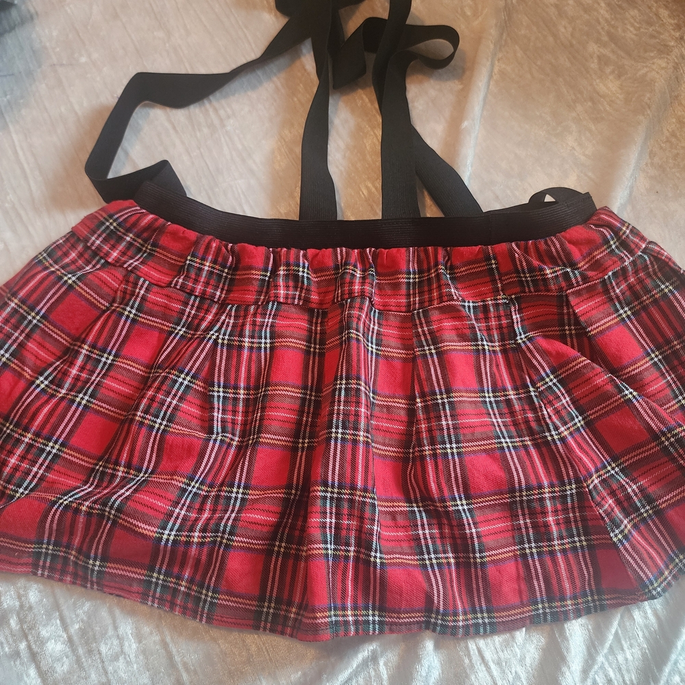Red Plaid Skirt with Black Straps